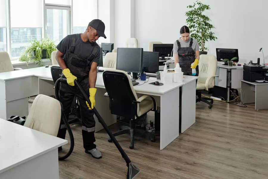 Professional janitors working together in a commercial environment